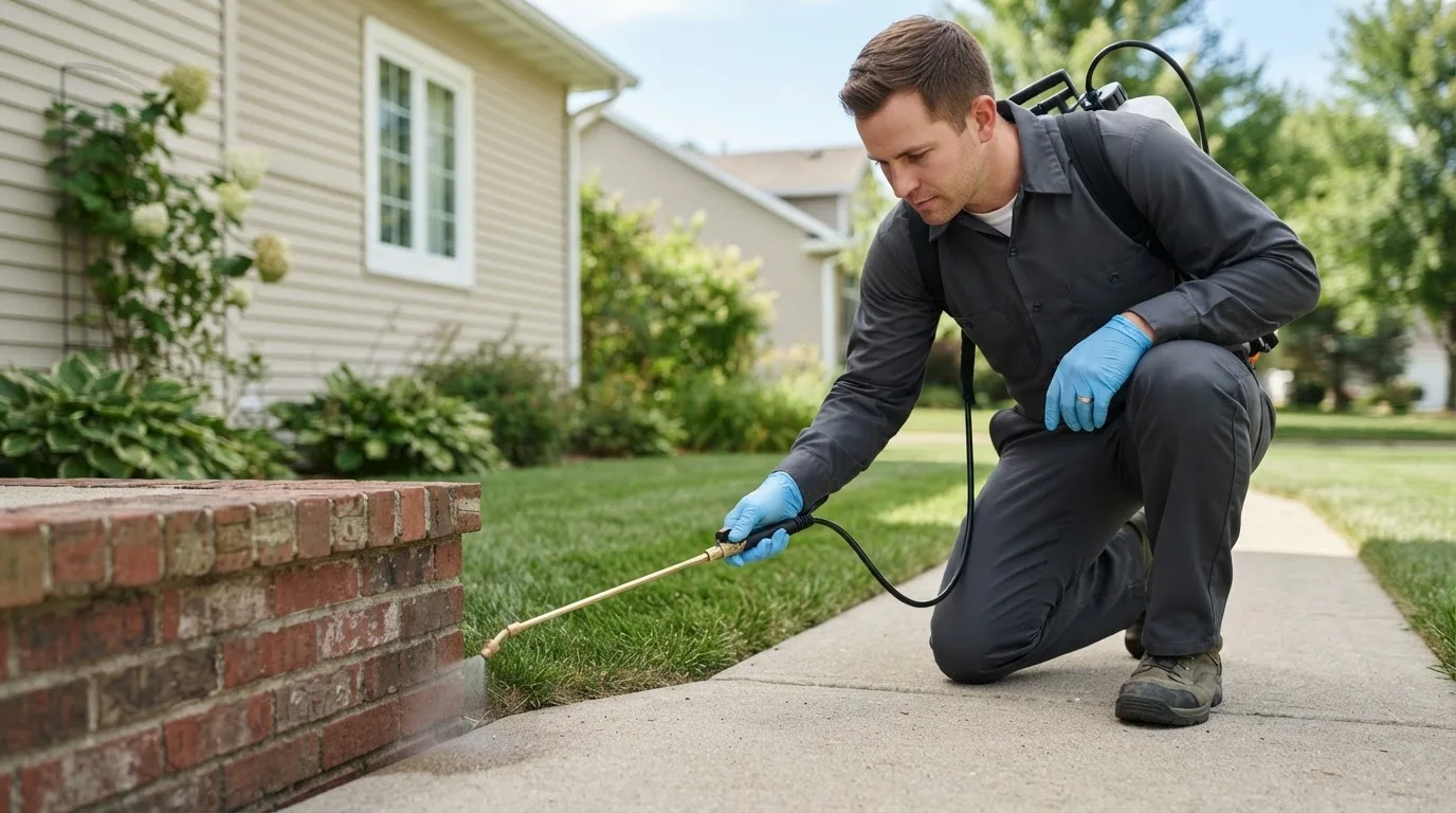 Pest control technician treating a home near Ivanhoe, CA
